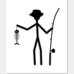 Funny Fisherman Stick Figure Holding Fish Bones Posters and Art